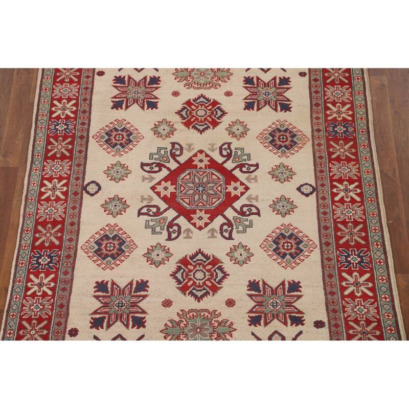Ivory Geometric Kazak Area Rug Hand-Knotted Wool Carpet - 4'10" x 6'5"
