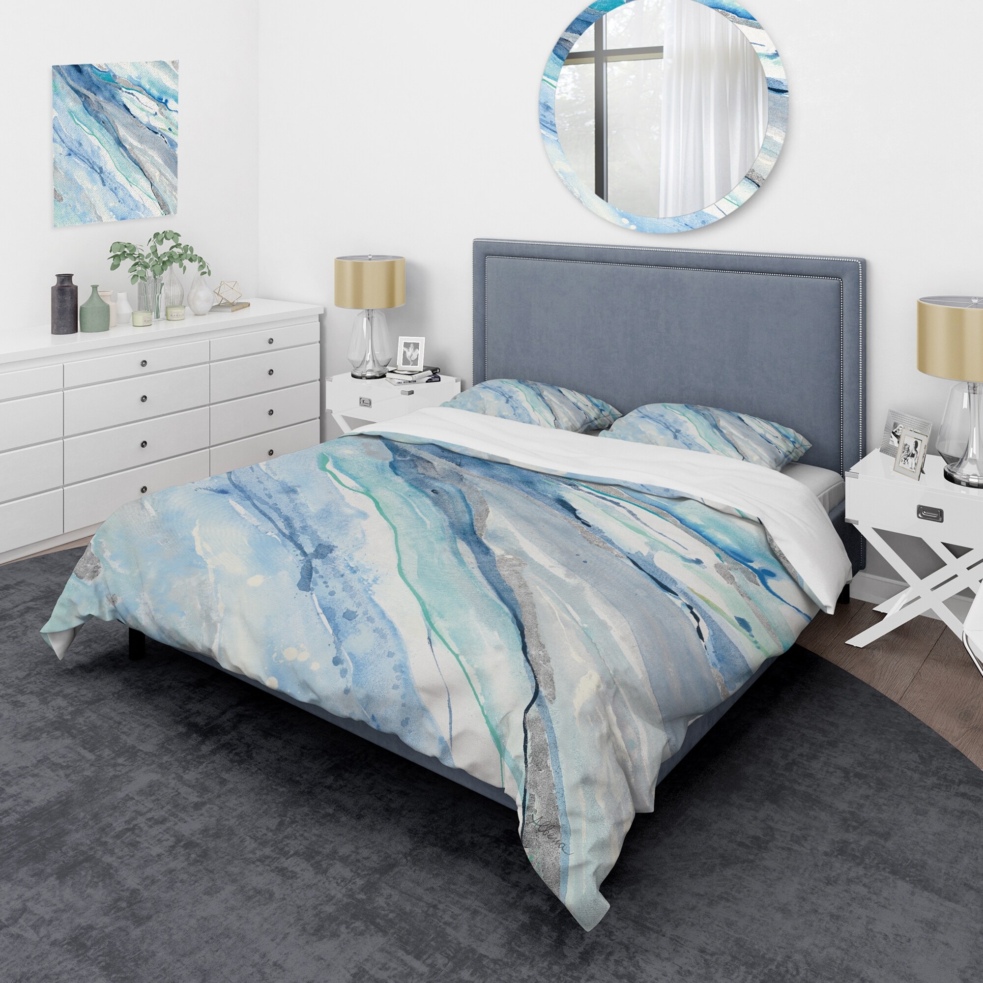 Blue and top white farmhouse bedding