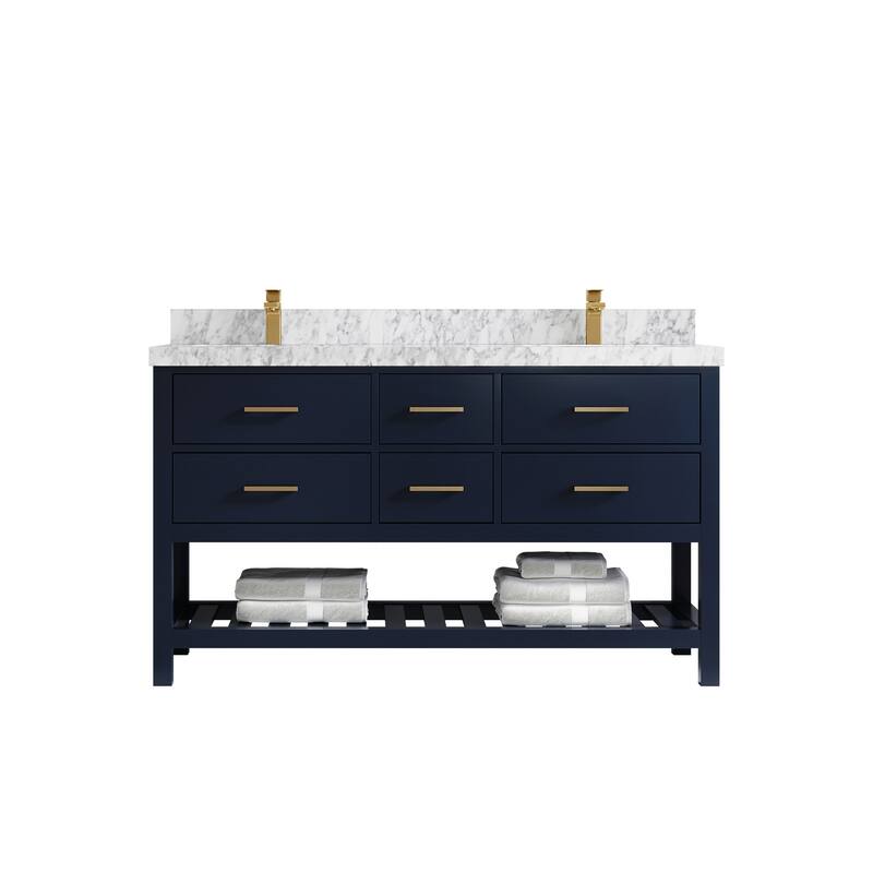 Willow Collections 60 in. W x 22 in. D Parker Double Sink Bathroom Vanity with Countertop - 2" Carrara Marble - Navy Blue