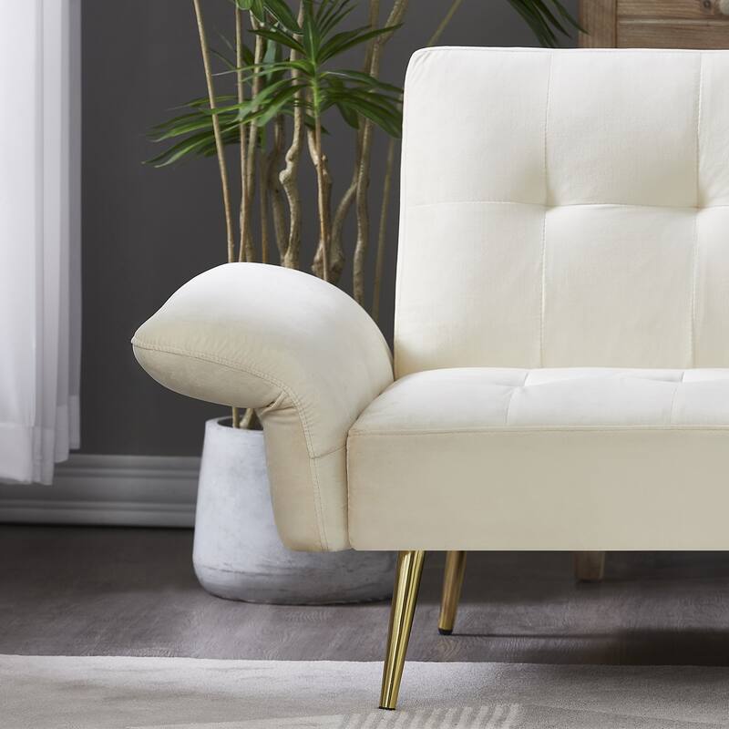 Italian Velvet Convertible Sleeper Sofa Bed with with Folded Armrests and Storage Bags