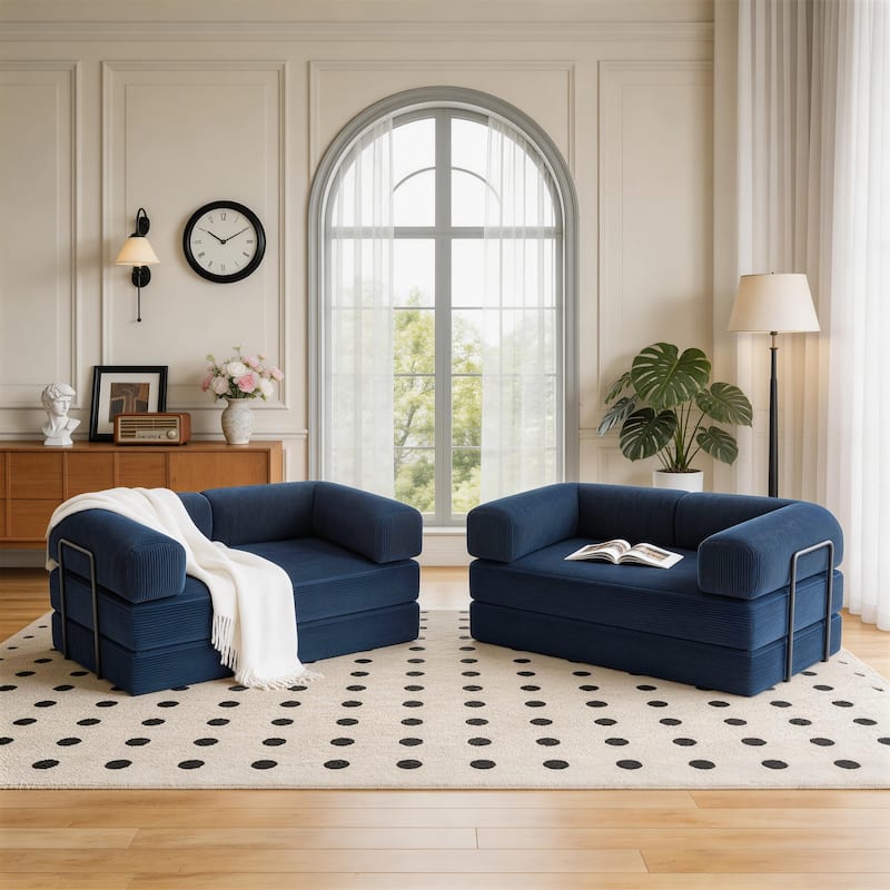 2 Set Corduroy Large Couch Convertible Floor Sofa Bed Sleeper - Blue