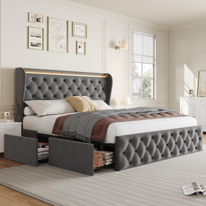 Velvet Upholstered Bed Frame with Wingback Headboard - 4 Storage Drawer - Queen