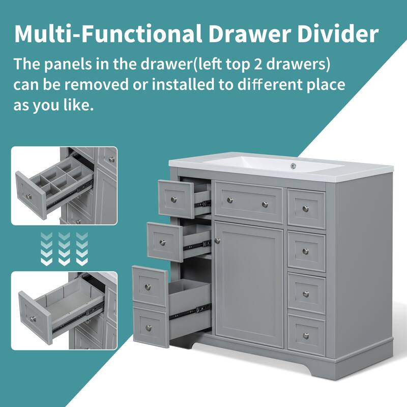 36 Inch Bathroom Vanity Base without Sink, Bathroom Storage Cabinet with 6 Drawers and Cabinet Storage