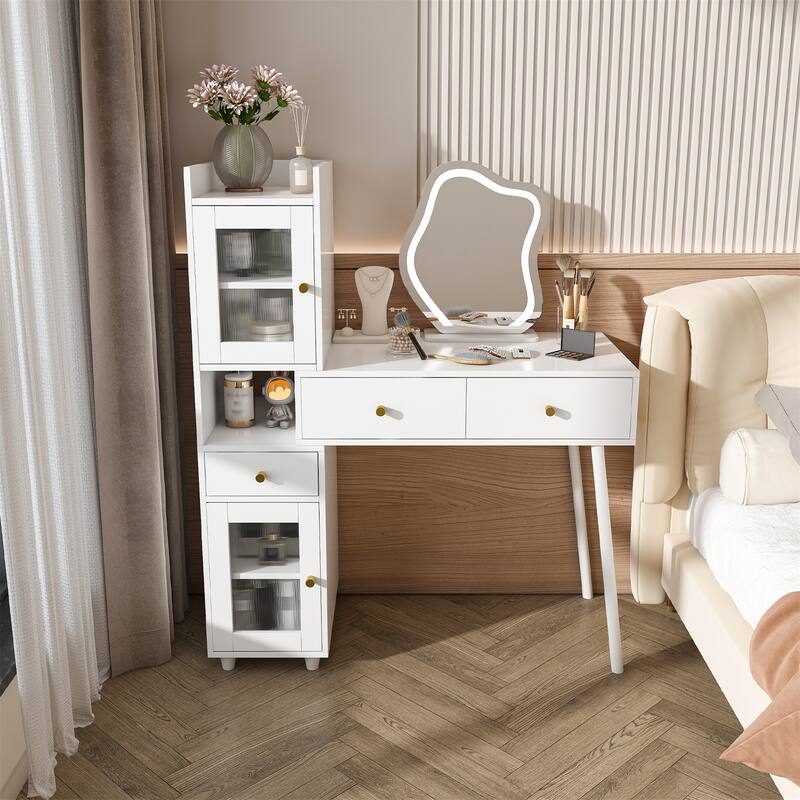 Vanity Dressing Table with LED Mirror & Storage - White