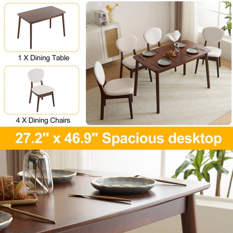 Mid-Century Wood Dining Set with Fabric Chairs,5-Pcs Set,Natural Oak Finish