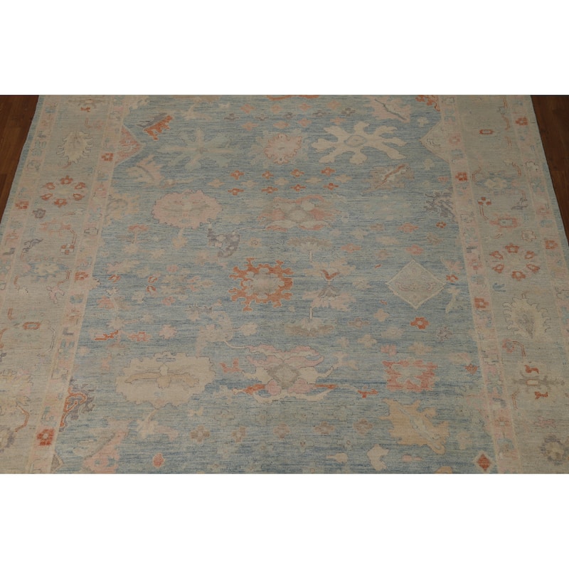 Light Blue Vegetable Dye Oushak Turkish Area Rug Handmade Wool Carpet - 8'9"x 11'8"