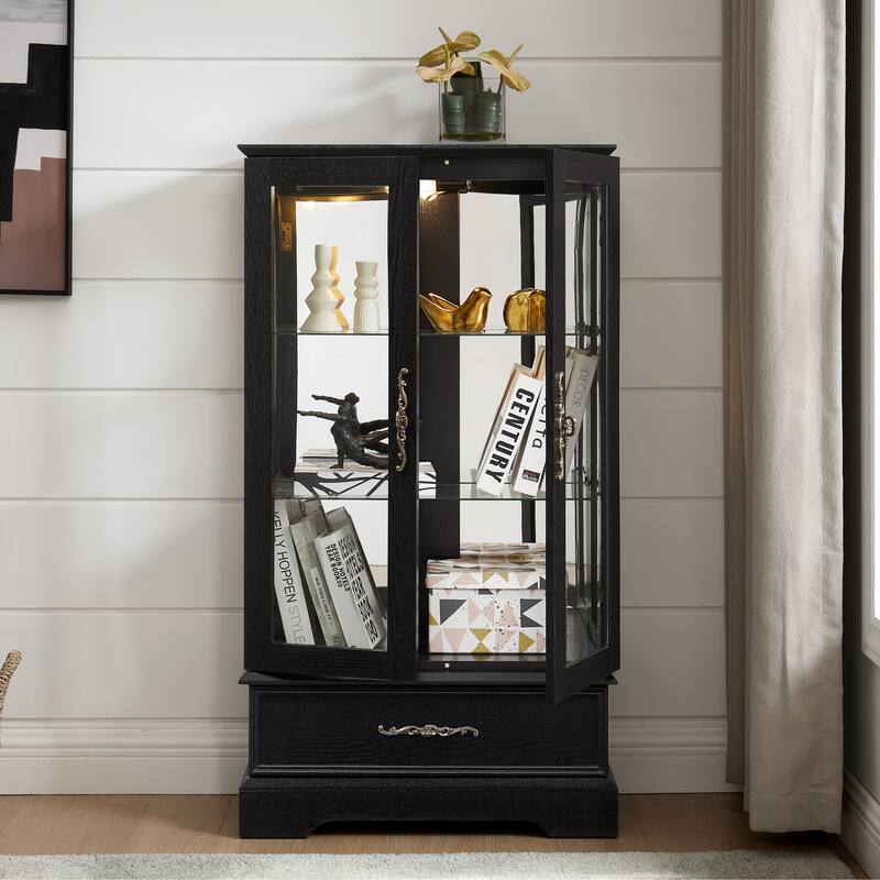 GDFStudio - Traditional Storage Lighted Curio Display Cabinet with Glass Doors and Drawer
