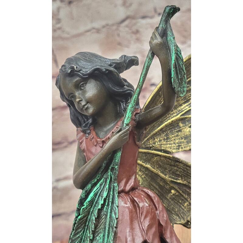 Bronze Fairy Holding Leaf Marble Base Signed By Artist Milo Mythical Figurine