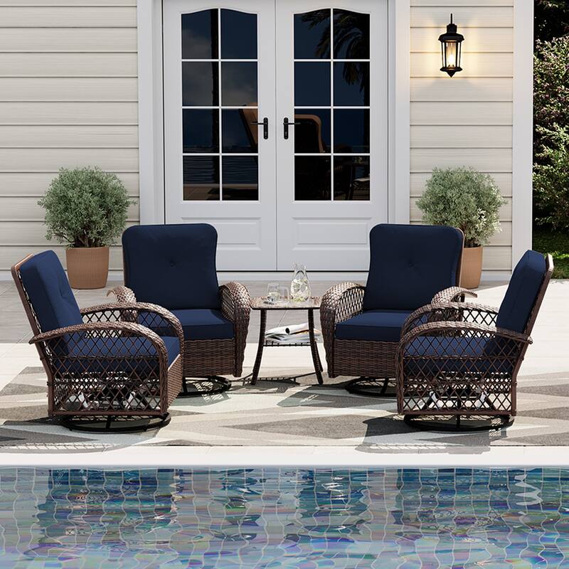 UPHA 5-Piece Patio Outdoor Wicker Swivel Rocking Chair Set with Side Table and Cushions - Blue