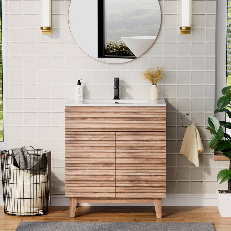 Bathroom Vanity Set W/Drop in Sink Faucet Cabinet Combo - 30 in W/ceramic sink - Walnut