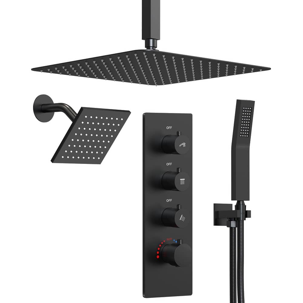 Dual Heads 16" Rainfall & High Pressure 6" Shower System w/ 3 Way Thermostatic Faucet 