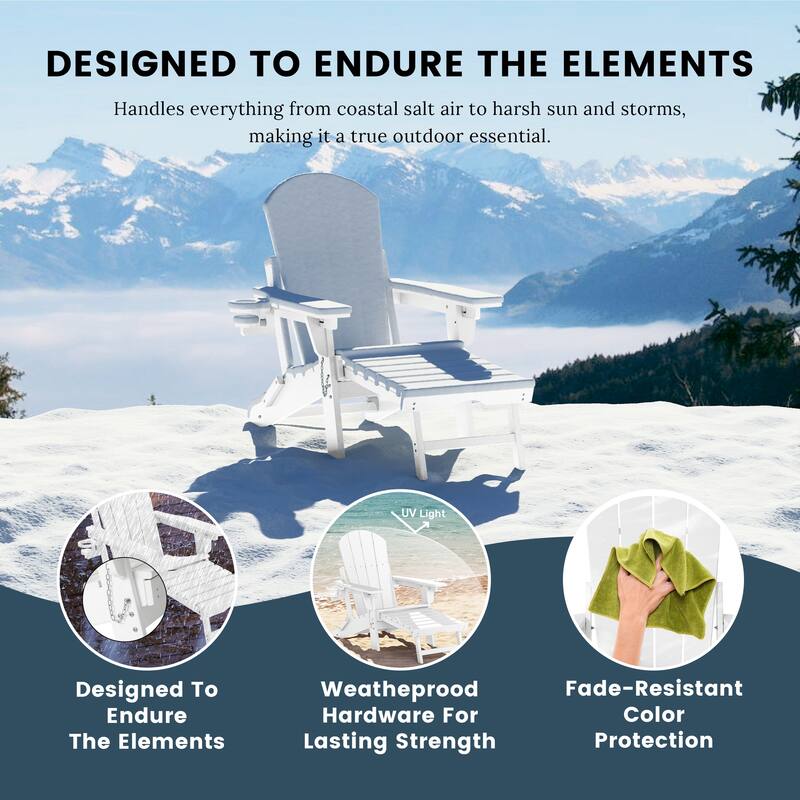 Laguna Outdoor Folding Adjustable Adirondack Chair with Cup Holder & Hideaway Ottoman (Set of 2)