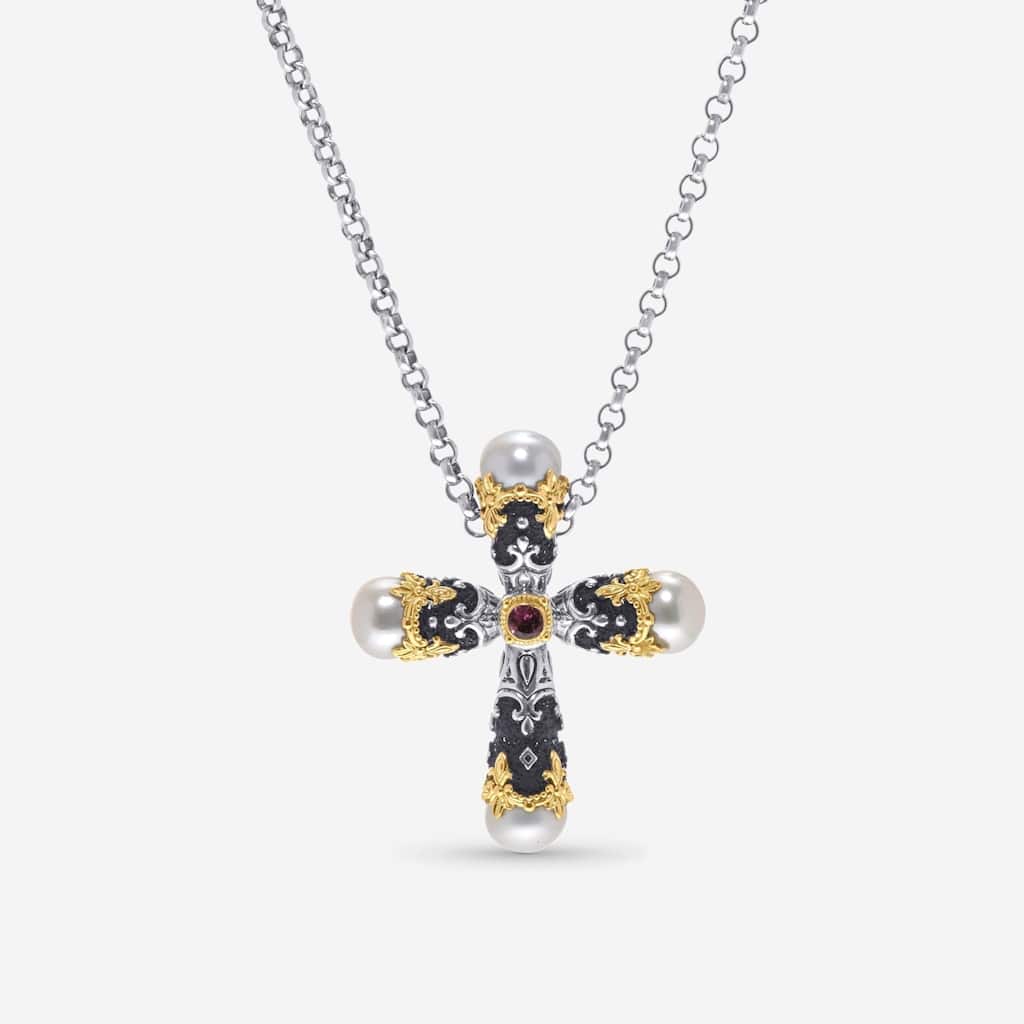 Konstantino Nemesis Sterling Silver & 18K Yellow Gold, Tourmaline & Pearl Cross Necklace - 13.5"