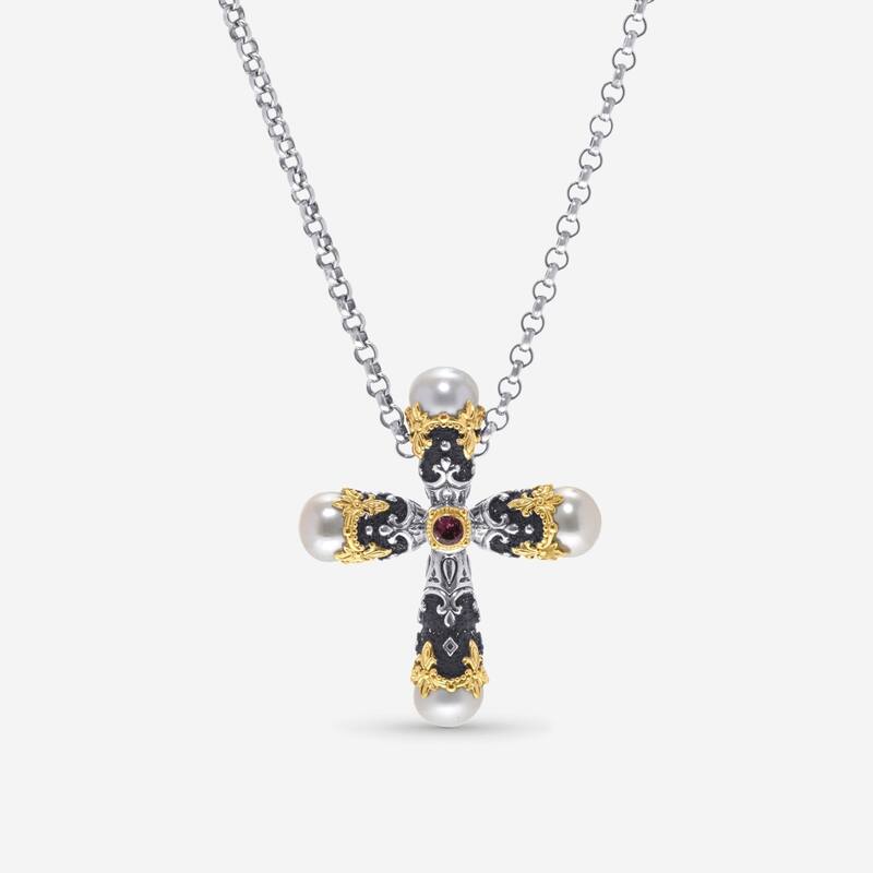 Konstantino Nemesis Sterling Silver & 18K Yellow Gold, Tourmaline & Pearl Cross Necklace - 13.5"