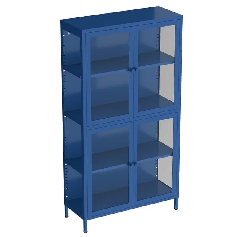 Storage Cabinet with 4 Glass Doors, Modern Sideboard Cabinet with Adjustable Shelves & Steel Feet, Accent Cabinet for Kitchen