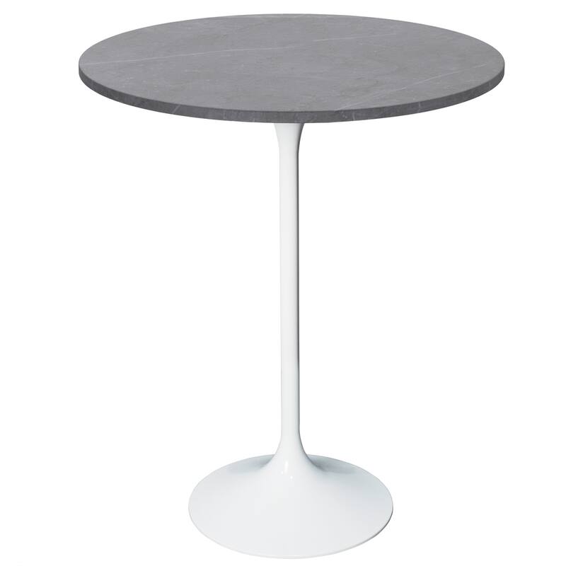 LeisureMod Verve 27" Bar Dining Table with Sintered Stone Round Top in White Steel, White Marbleized - Marble Grey