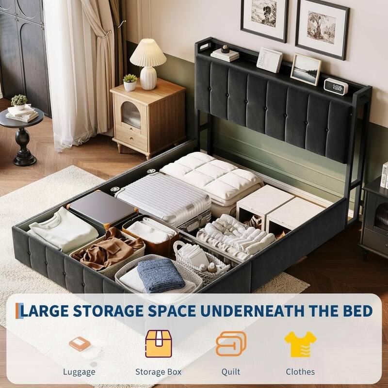 Bed Frame with Lift Up Storage and Storage Headboard