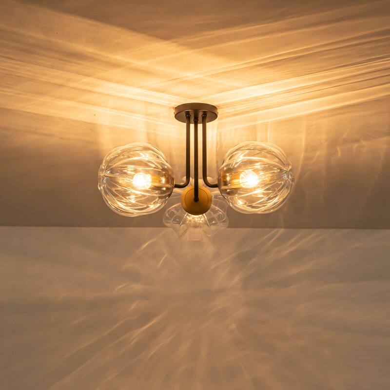 3-Light Contemporary Semi Flush Mount with Ripple Glass
