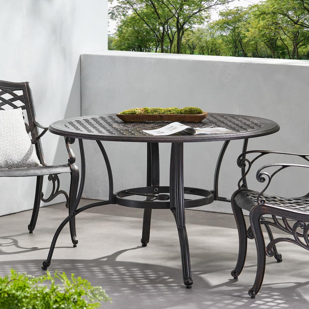 Roomfitters Outdoor Cast Aluminum Round Dining Table with Lattice Design, Rust Resistant Bronze