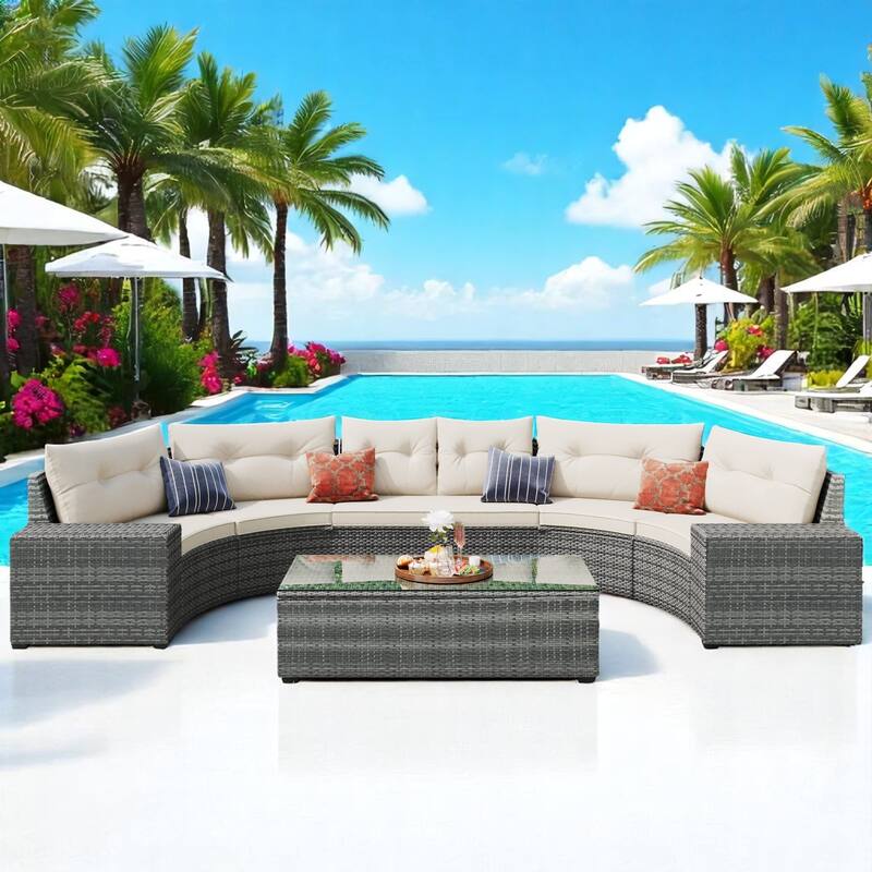 8-Piece Outdoor PE Wicker Patio Furniture Set with Cushions,Coffee Table & Side Tables,Modular Curved Sectional Sofa Set - Beige