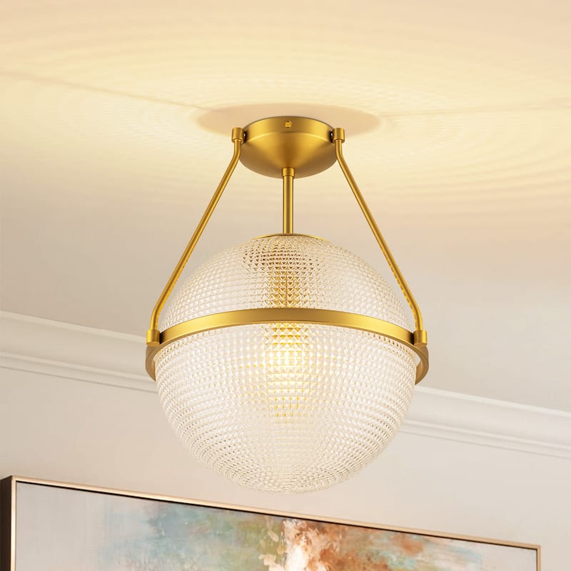 1-Light 14.17" Black/Gold Modern Textured Grid Glass Globe Semi-Flush Mount Light - Gold