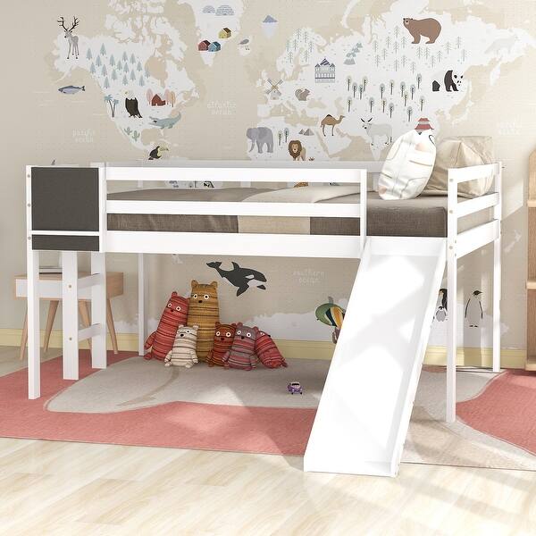 slide 2 of 28, Full Pine Wood Loft Bed with Slide, Chalkboard, Stairs Full - White