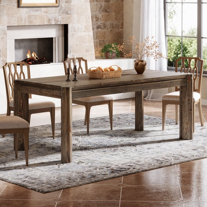 63" Solid Wood Dining Table, Rectangular Rustic Kitchen Table For 4-6