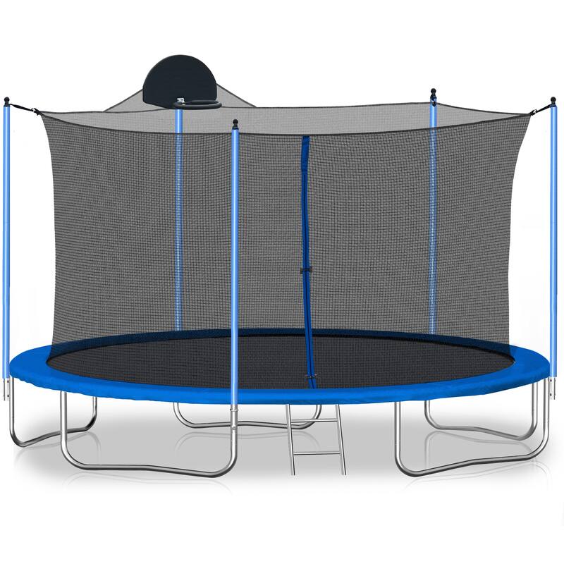 Recreational Trampoline - Basketball Hoop, Safety Enclosure Net, Ladder, Outdoor Use - Blue - 141.7