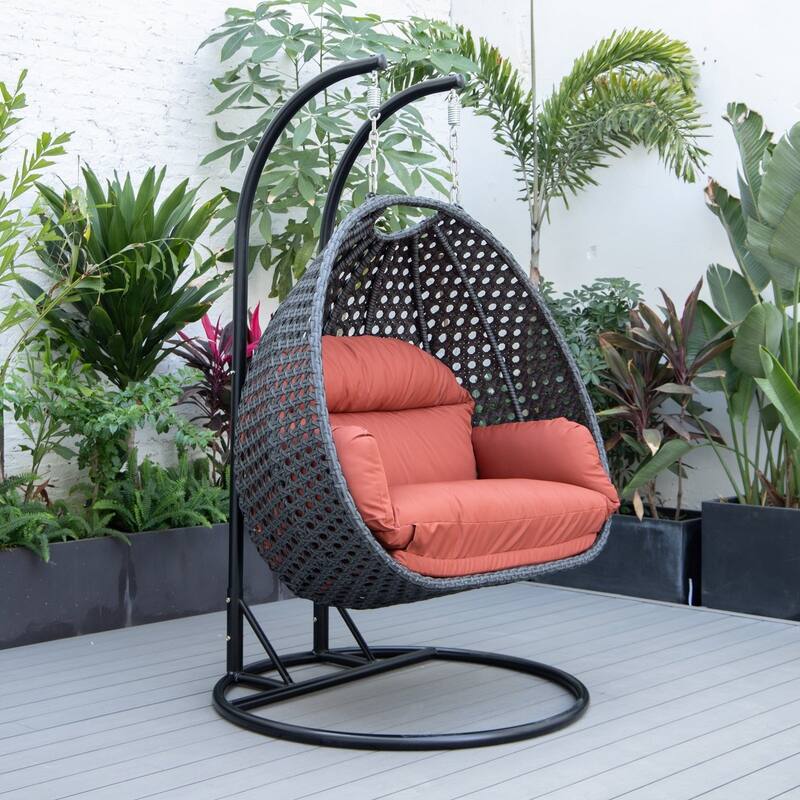 Patio 2-Person Hanging Egg Swing Chair Charcoal Wicker and Iron Frame Breathable Removable Cushion Covers by LeisureMod