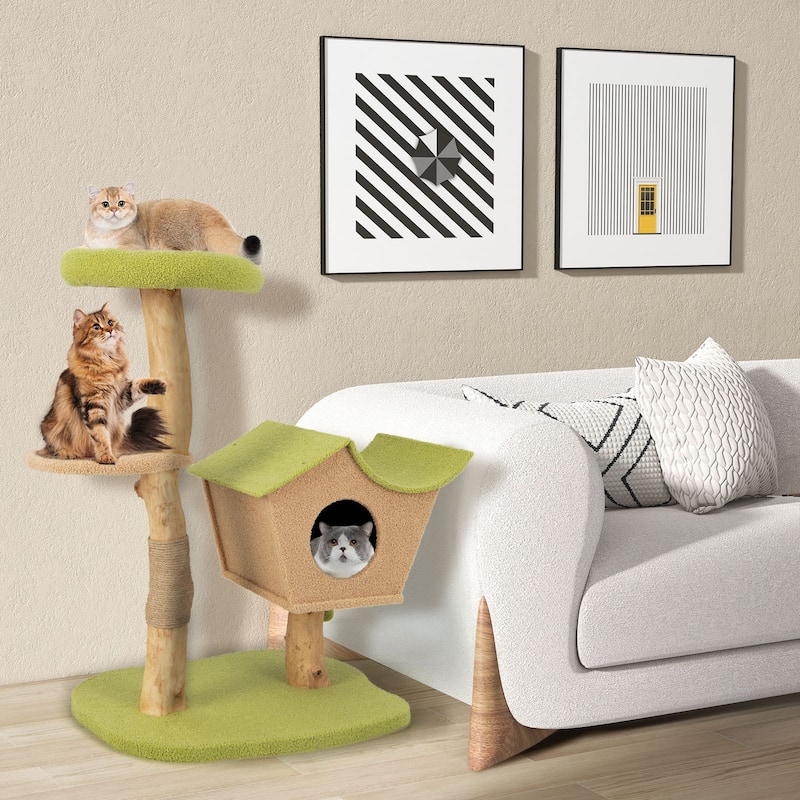 43 Inch Wooden Cat Tree with Padded Top Perch-Green - 31" x 24" x 43" - Green