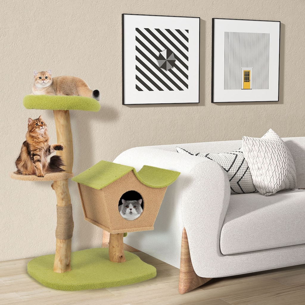 43 Inch Wooden Cat Tree with Padded Top Perch-Green - 31" x 24" x 43"