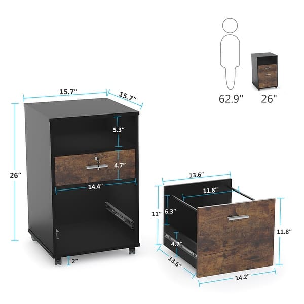 dimension image slide 1 of 3, 2 Drawer Mobile File Cabinet with Lock, Filing Cabinet Printer Stand for Letter Size