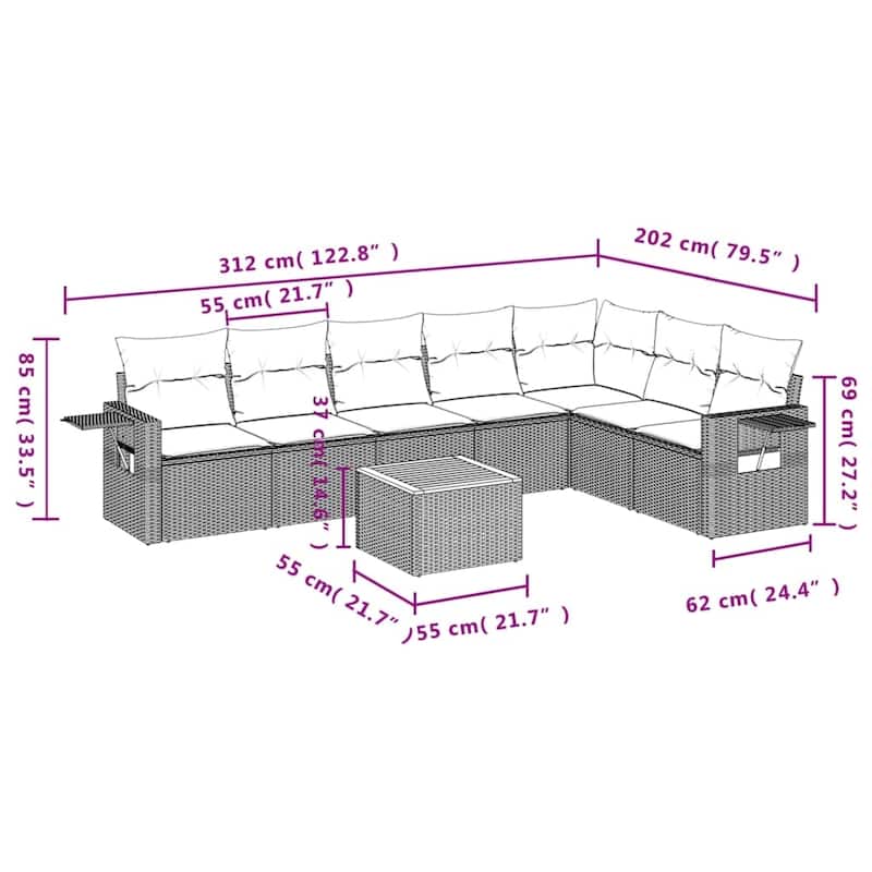 vidaXL Garden Sofa Set 8 Piece with Cushions Outdoor Sofa Set Poly Rattan - 21.7 x 21.7 x 14.6 in (W x L x H)
