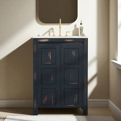 24" Vintage Style Small Bathroom Vanity with Ceramic Sink, 2 Soft-Close Doors, and Adjustable Shelf