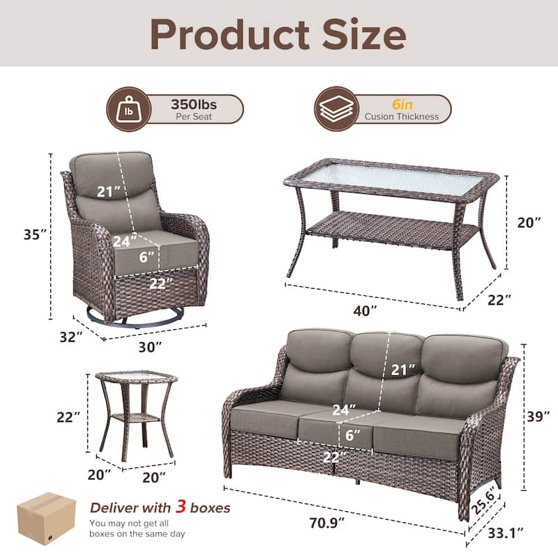 Gymojoy 5-Piece Patio Furniture Set with Swivel Glider Chairs, 6-Inch Ultra-Plush Cushions & Water-Resistant Olefin Fabric