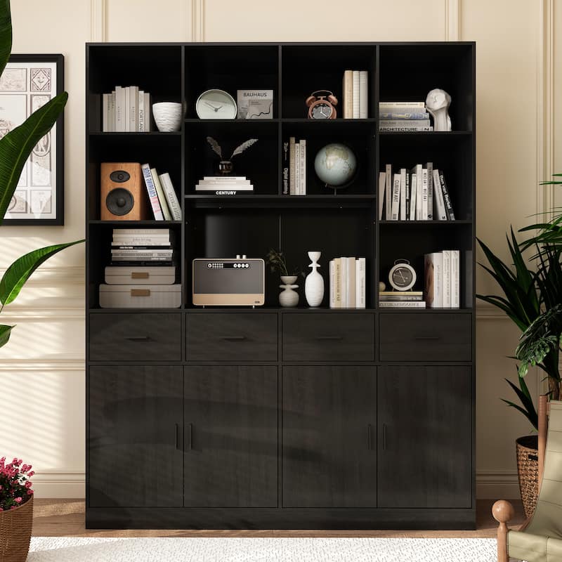 78.7" Large Bookcase,4 door, 4 drawer with Display Storage Shelves - 78.7"H x 63"W