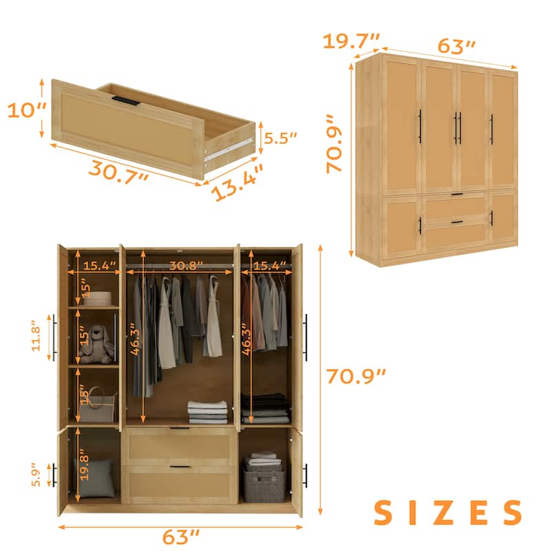 63"W Boho Style Family 6-Door Wardrobe Armoire Closet 2 Drawer Storage - N/A