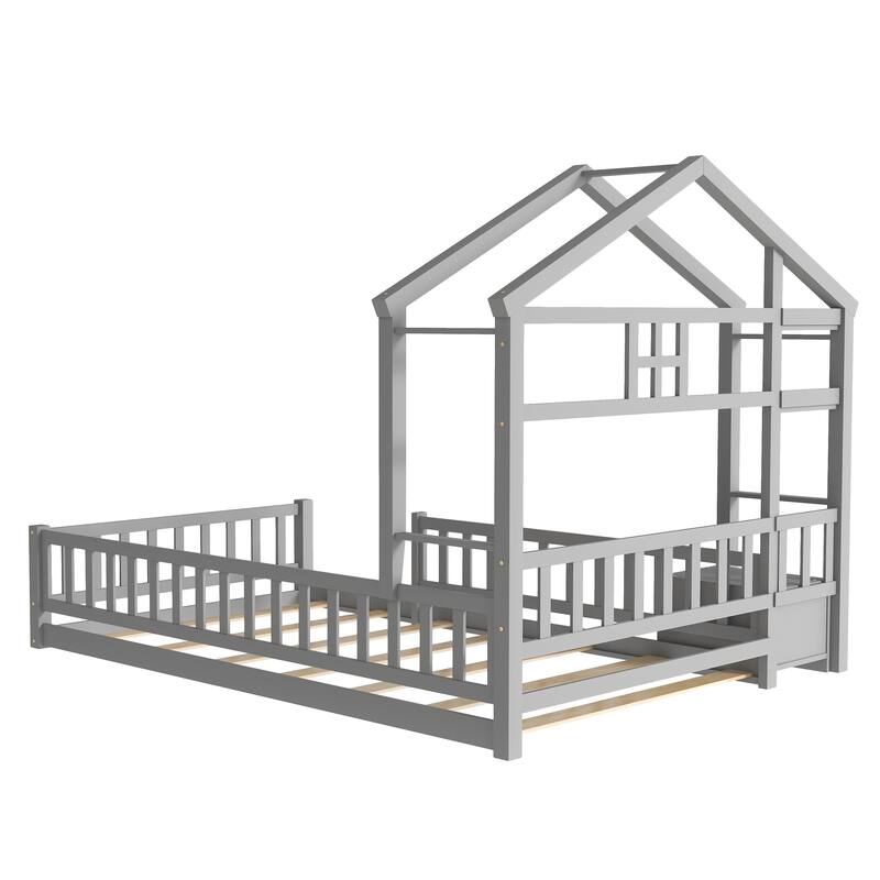 Twin Size House-Style Headboard Platform Bed with Guardrails and Stand