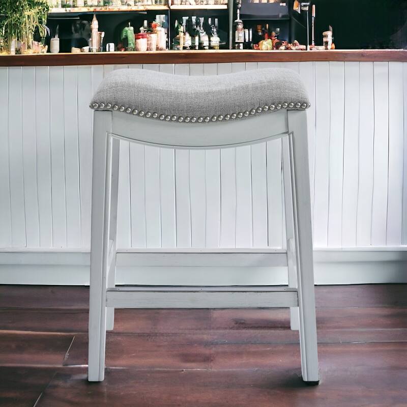 Linen Saddle Seat Bar Stool with Nail Head Trim and Footrest