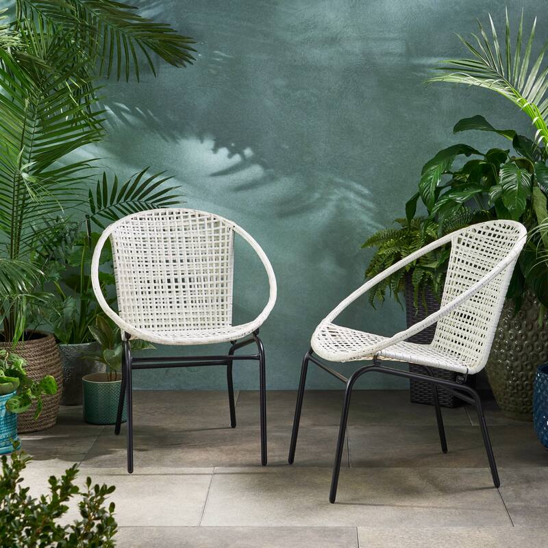 Java Outdoor Modern Wicker Club Chair (Set of 2) by Christopher Knight Home - White + Black