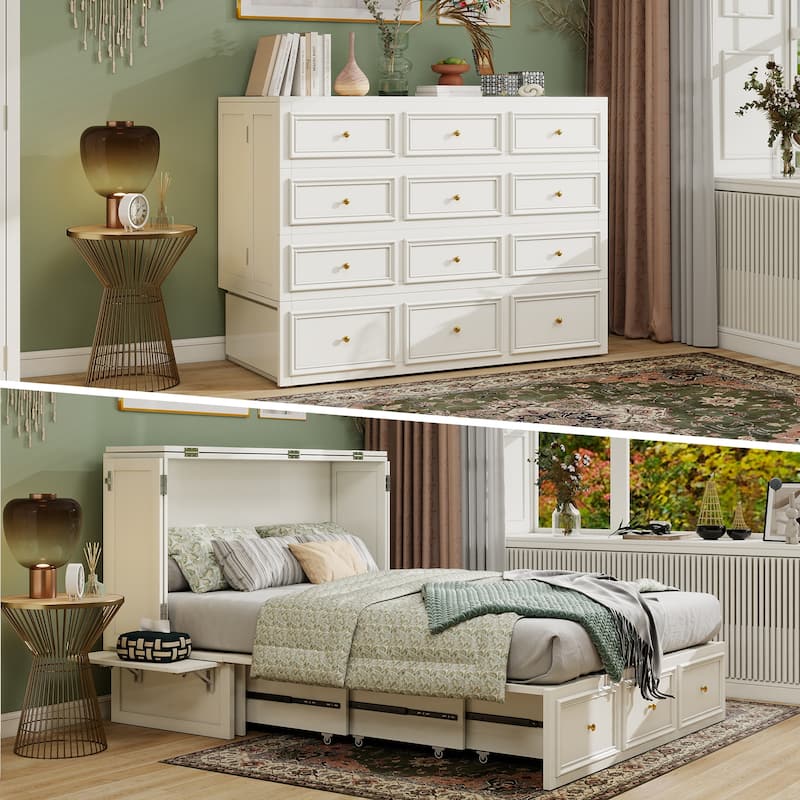 Solid Wood Murphy Bed Full Size with Storage | Space Saving Walnut Cabinet Bed with Easy Pull-Out Mechanism for Bedroom - Ivory White