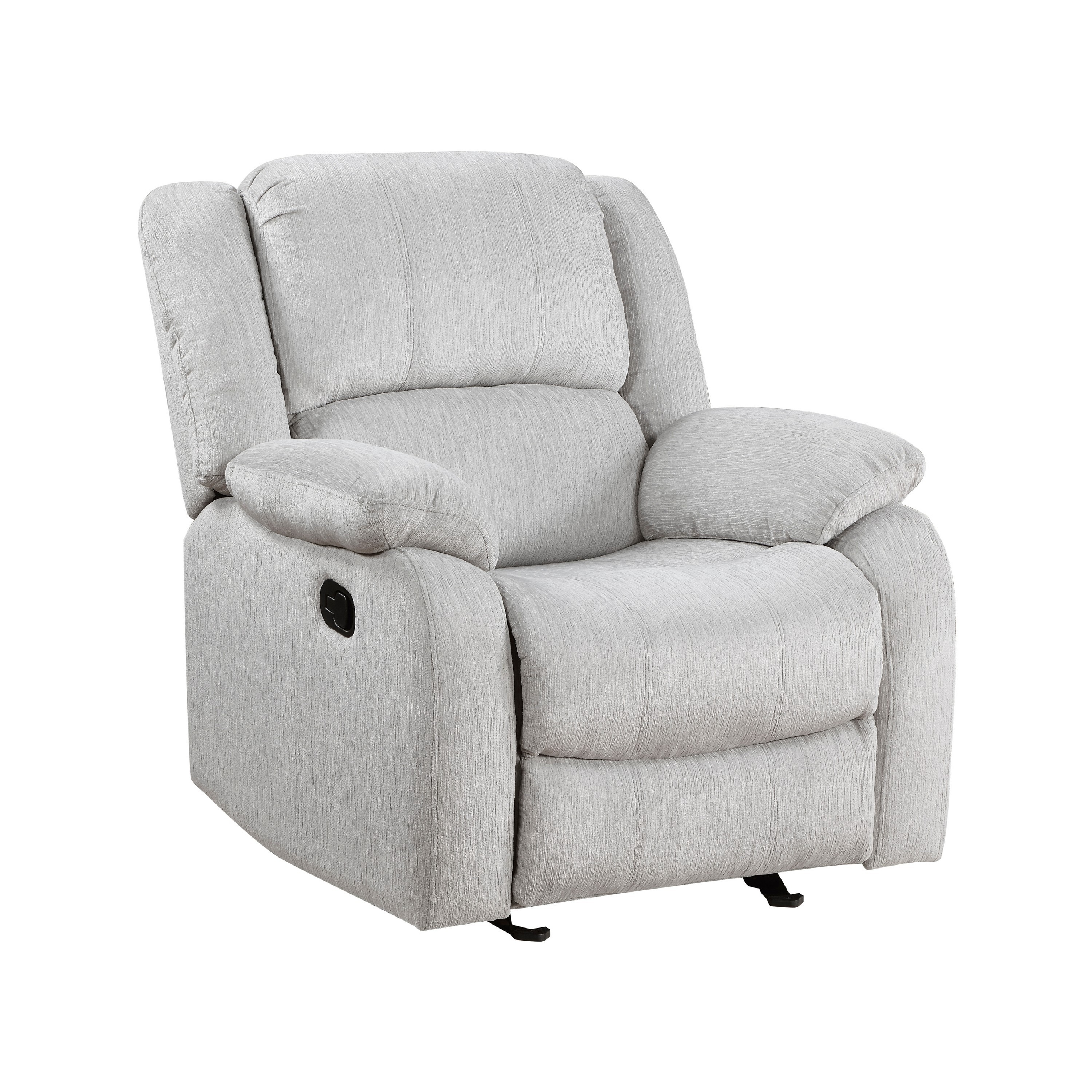 Benjara Chris 38 Inch Manual Glider Recliner Chair, Solid Wood, Light Gray Chenille