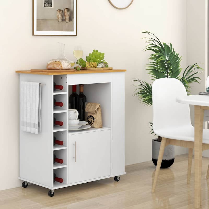 Kitchen Cart on Wheels with Bamboo Top and 6-Bottle Wine Rack-White - 30" x 17.5" x 35"