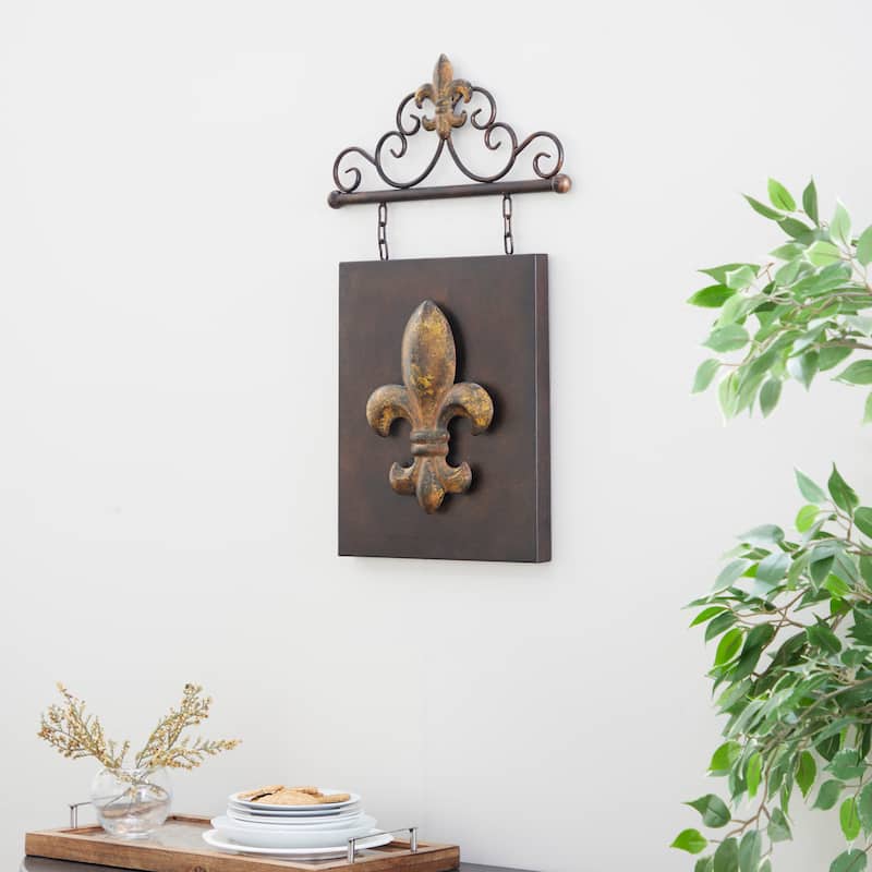 Bronze Metal Suspended Fleur De Lis Home Wall Decor with Scrollwork Hanger