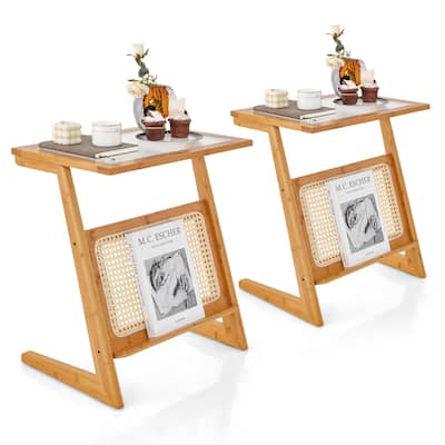 Gymax 2 PCS Z-shaped End Table Glass Top Bamboo Side Table w/ Magazine