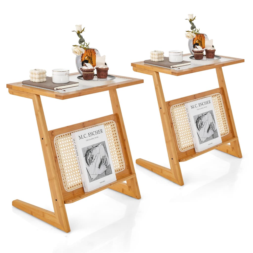Gymax 2 PCS Z-shaped End Table Glass Top Bamboo Side Table w/ Magazine