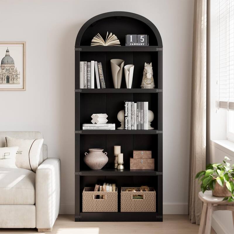 71.65" Tall Farmhouse 5-Tier Arched Bookcase, Display Storage Shelf - N/A - Black