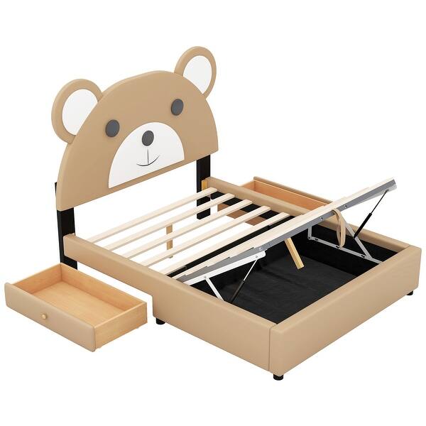 slide 2 of 11, Full Size Upholstery Platform Bed with Cute Bear Shaped Headboard and 2 Storage Drawers, Brown Brown - Full