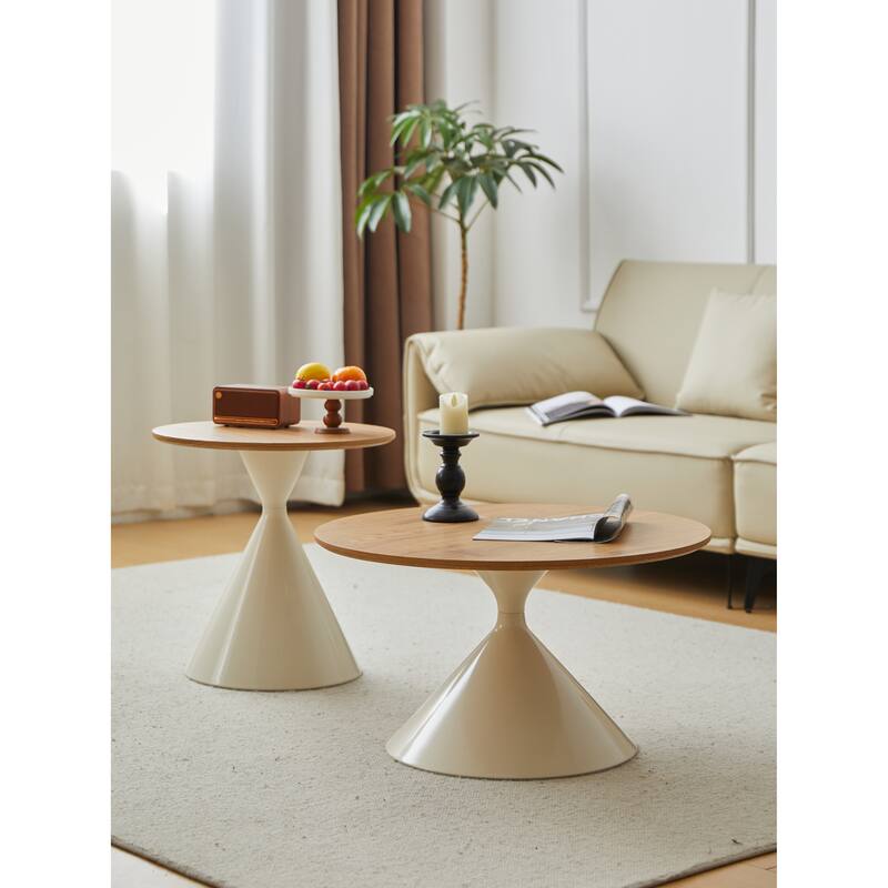 Set of 2 Round Coffee and Side Tables MDF Top Metal Double Cone Base