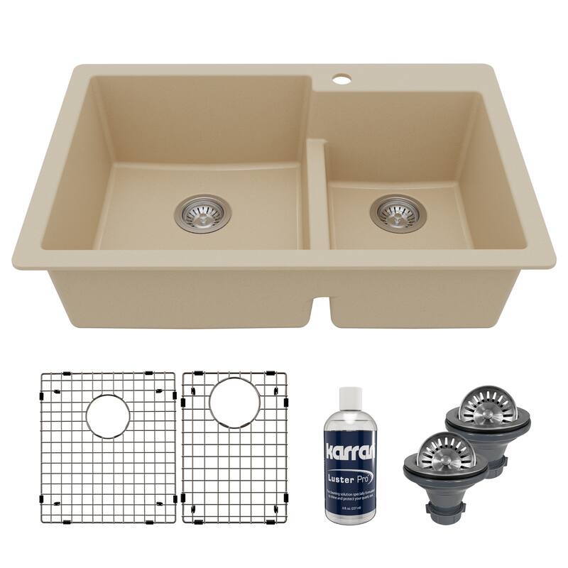 Karran 33" Top Mount Large/Small Bowl Quartz Kitchen Sink Kit - 33" x 22" x 9"